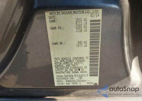 2014 Nissan Altima 2.5 S из США, поврежденный, VIN 1N4AL3AP3EN355057